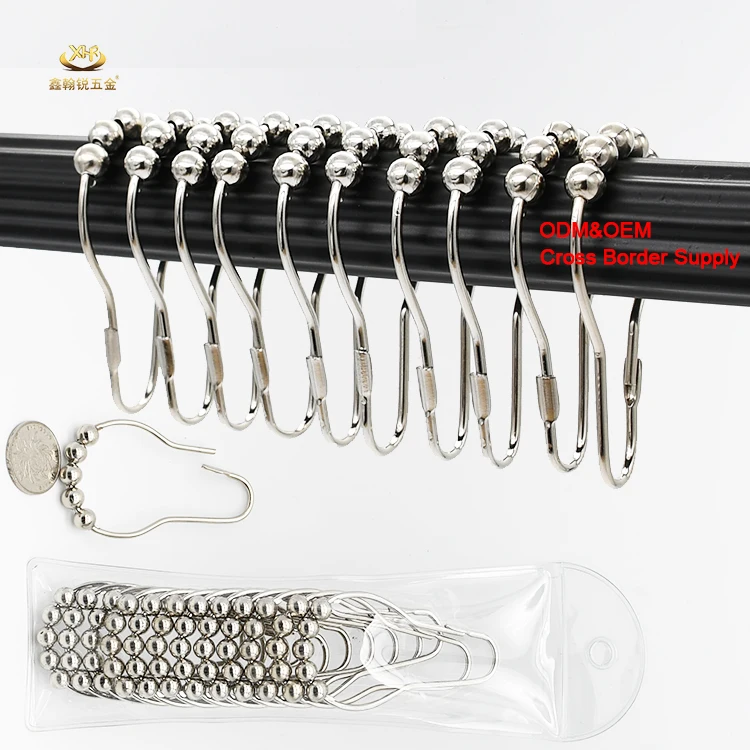 Factory Custom Flexible 12 Pcs Per Set Metal Five Bead Shower Curtain Rings Hooks