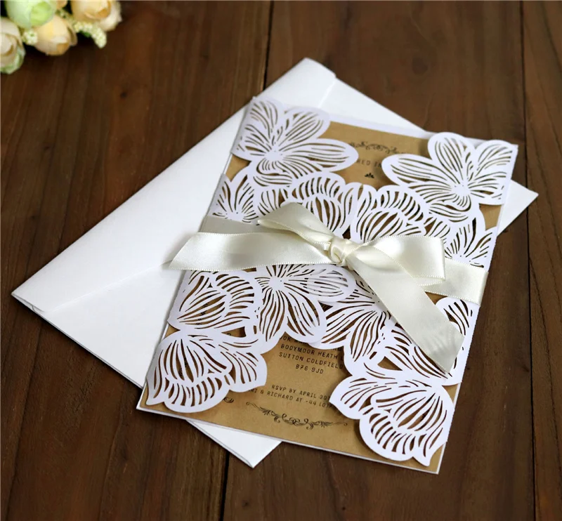 Laser Cut Wedding Cards Hollow Flowers Customized Business Rsvp Card Laser Wedding Invitation Cards With Ribbon Envelope