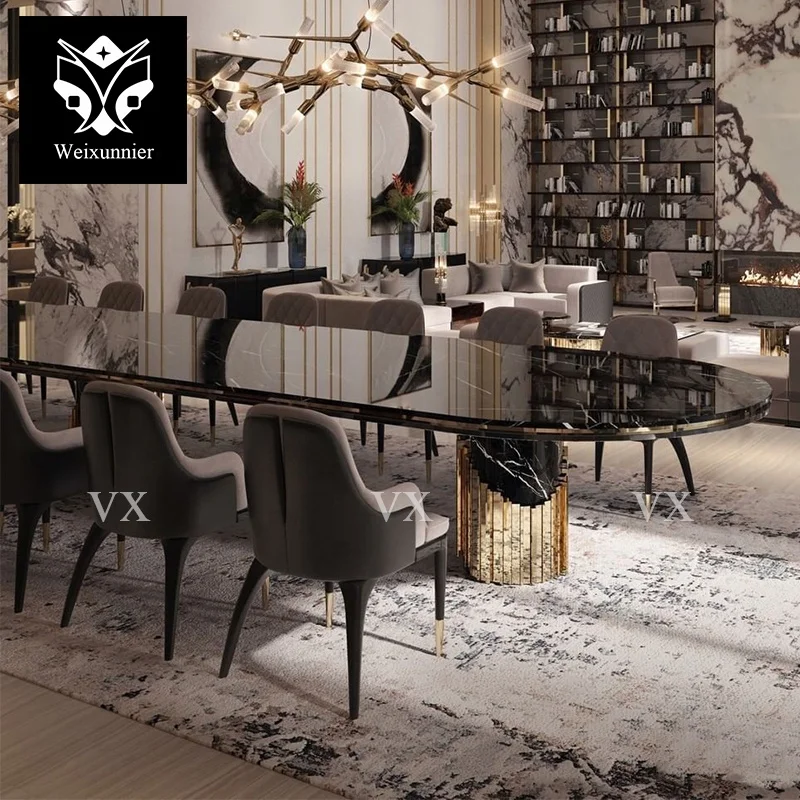 Luxury oval marble top dining tables with round marble stainless steel base dining table Italian dining table set 12 chairs