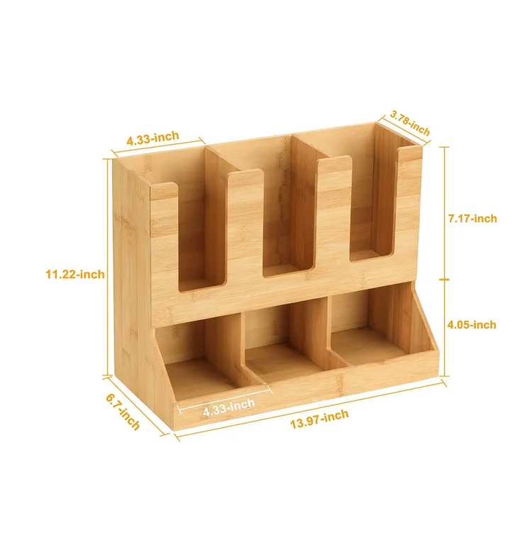 High quality natural wood Bamboo coffee station organizer 6 Compartments Condiment Rack