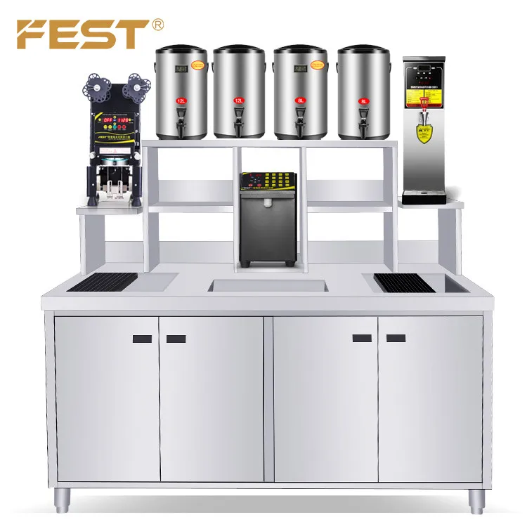 bubble tea working counter dispenser sealer cooker boiler boba tea equipment full set tea shop furniture