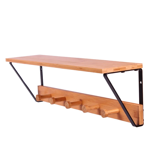 Multi-funtion Bathroom Shower Storage Holder Shower Organizer Rack Bamboo Wall Mounted Shelf with Hooks