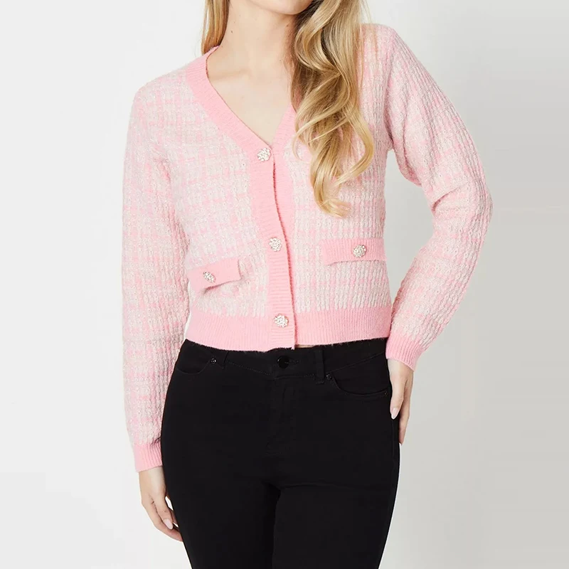 Manufacturers custom small fragrant wind girl sweater Korean commuter girl knitwear Tipped metallic boucle style girl cardigan