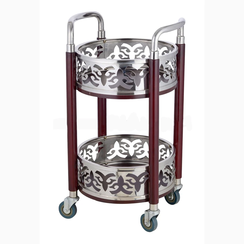 Hotel Buffet Trolley Bar Wooden Service Food Tea Wine Cart Gold 2 Tier Stainless Steel Luxury Round 400*H800MM C-136 with Wheels