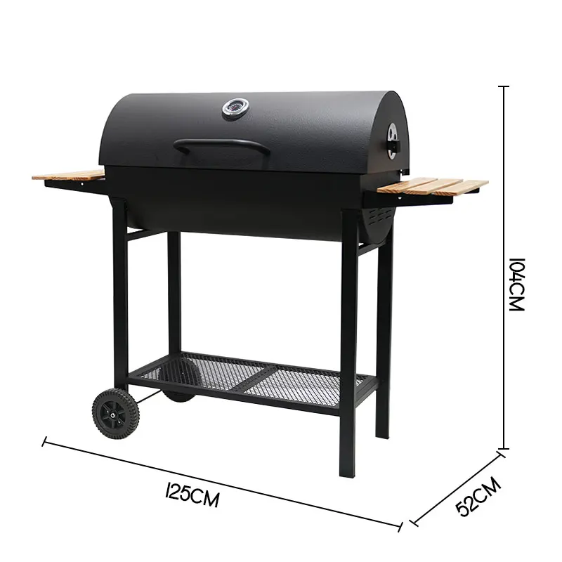 Outdoor Garden Trolley Barbecue Meat Barrel Drum Charcoal Bbq Smoker Grill With Side Table