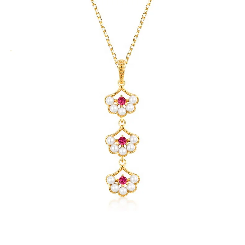 Gorgeous 925 silver pearl jewelry triple shell blossom charms drop bar necklace