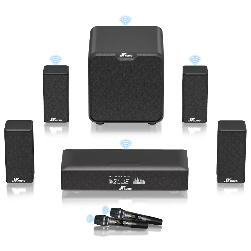 5.1CH 280W Atmos Audio Amplifier with Wireless Subwoofer and Surround Speakers with a Pair of Wireless Microphones