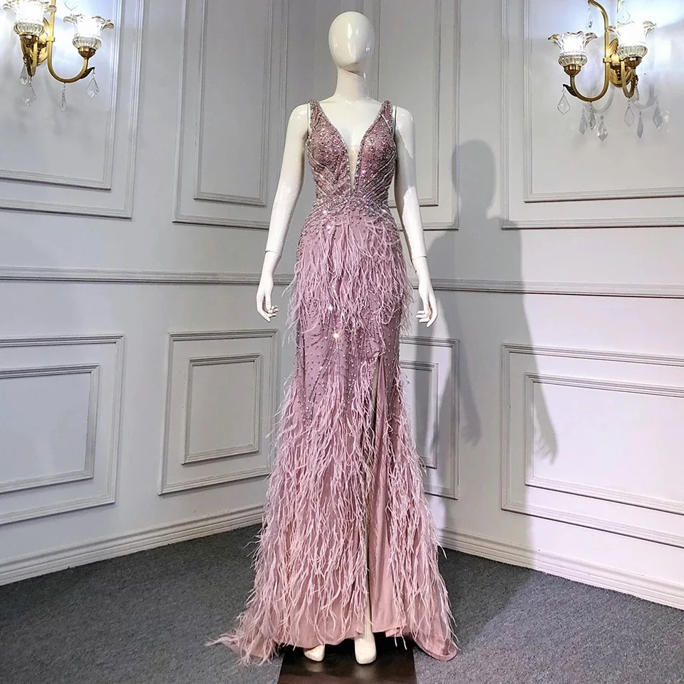 2022 New Handmade Beading Mermaid Evening Dresses With Feathers Sexy Split  Long  Evening Gowns For Women Party