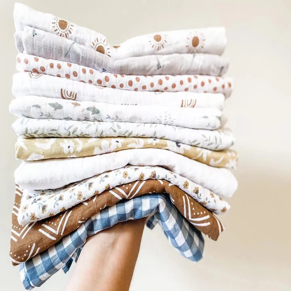 2023  Nursery Bedding Baby 70% Bamboo 30% organic cotton Fabric Pink Rainbow Print Muslin Blanket Swaddle