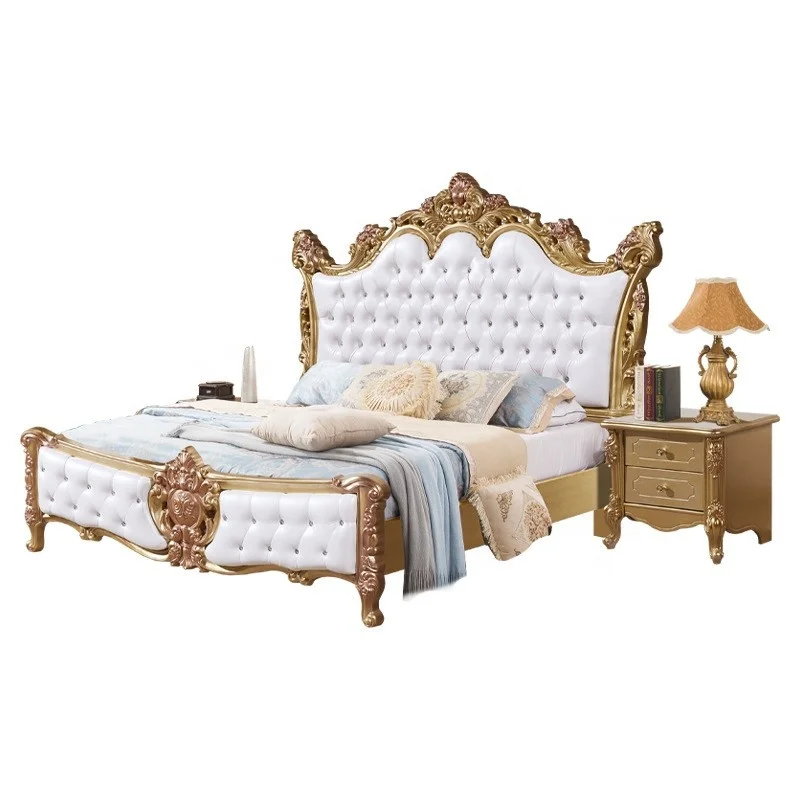 Роскошная французская спальня дворцовая классическая мебель Европейский Золотой каркас кровати размера «King-Size»