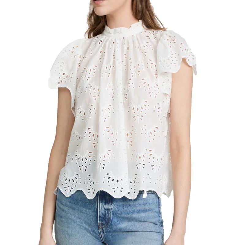Customize Women Flutter sleeve top Ladies Casual Lace Blouse Tops