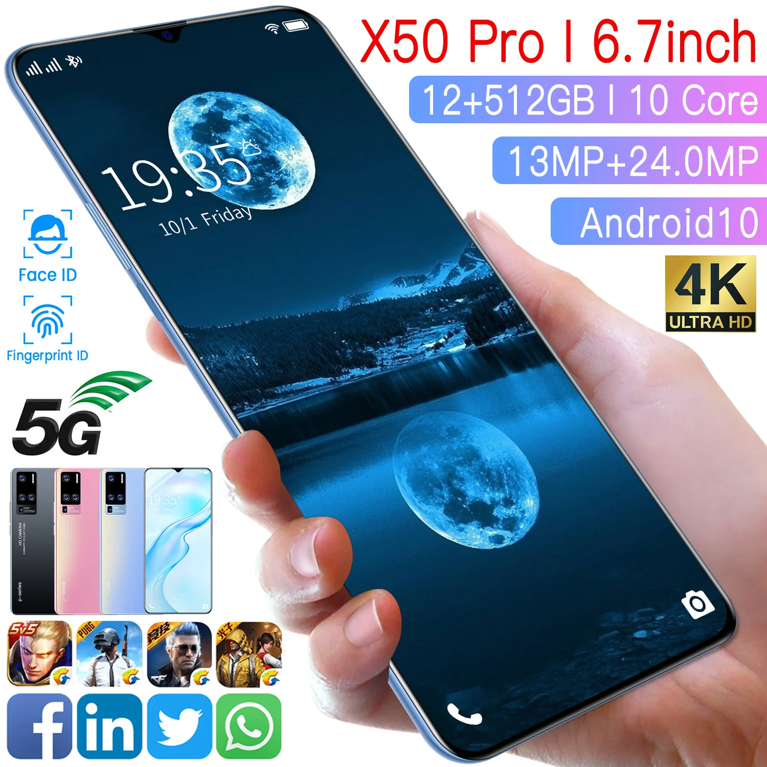 New Original Unlocked Smartphone X50 Pro With Dual SIM Card Face ID Unlock Android12GB+512GB Mobile Phone