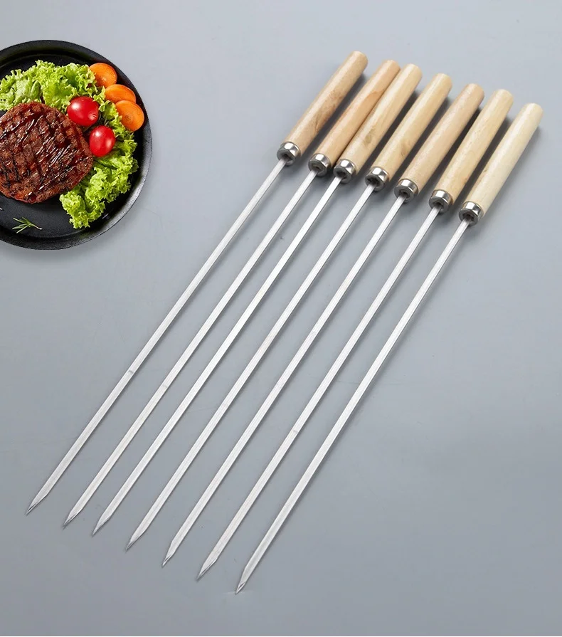 Barbecue Skewers Made of 304 Stainless Steel With Wooden Handles and Flat Skewers For Skewering Meat and Iron