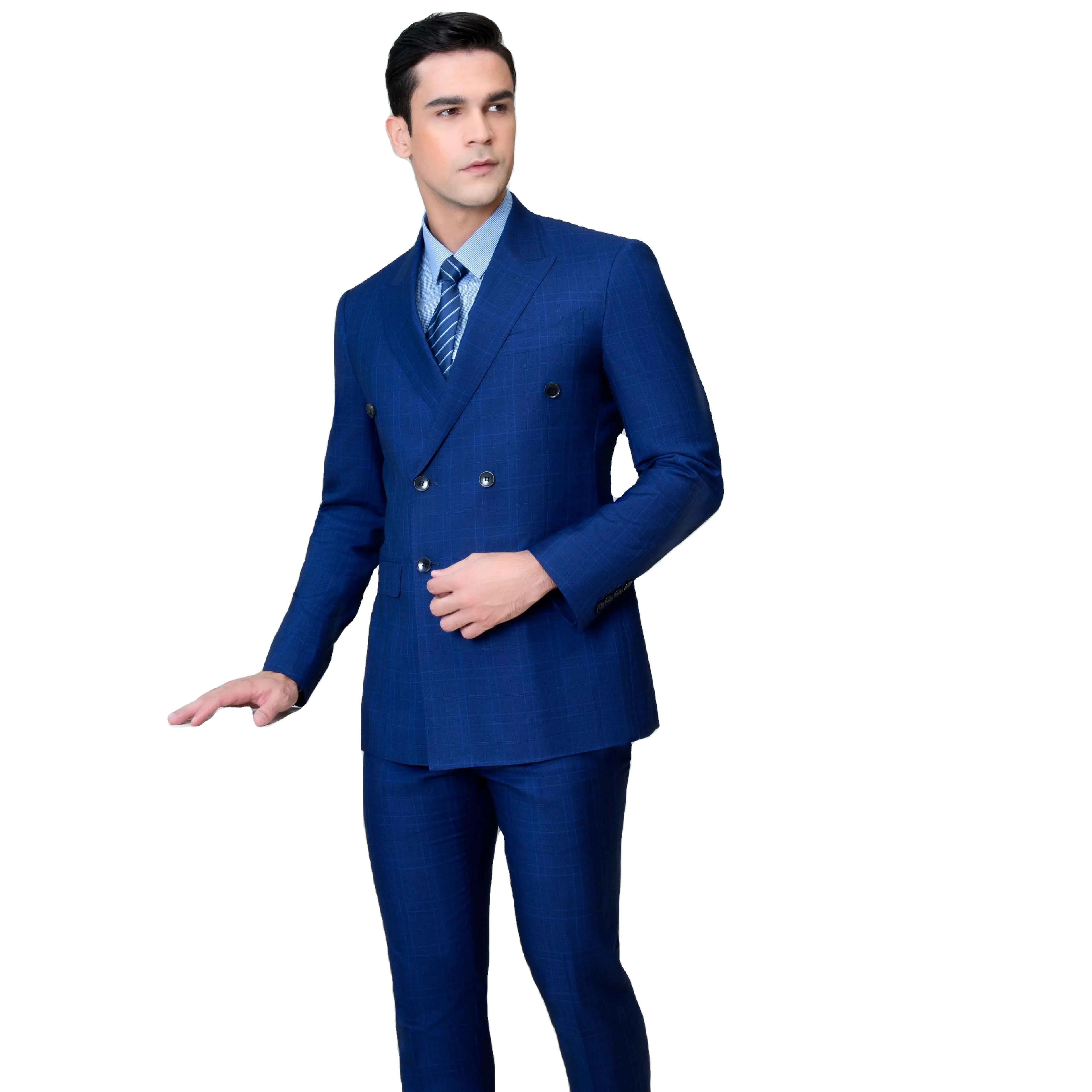 
Hot sale suits for men with double breasted Blue plaid blazer 