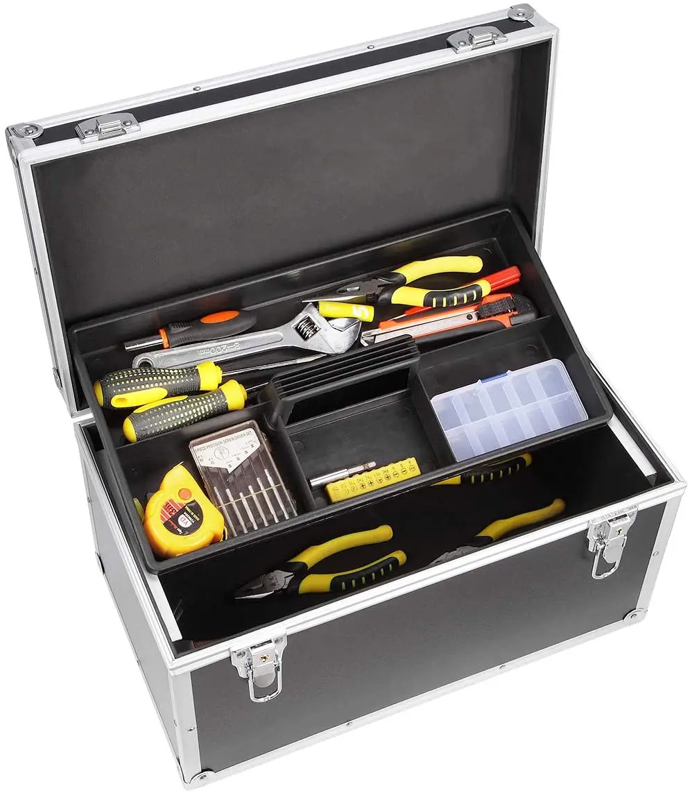 Black Toolbox Storage Case Large Tool Storage Box Multi-function Carrying Case Lockable Aluminum Hard Case Portable Toolbox