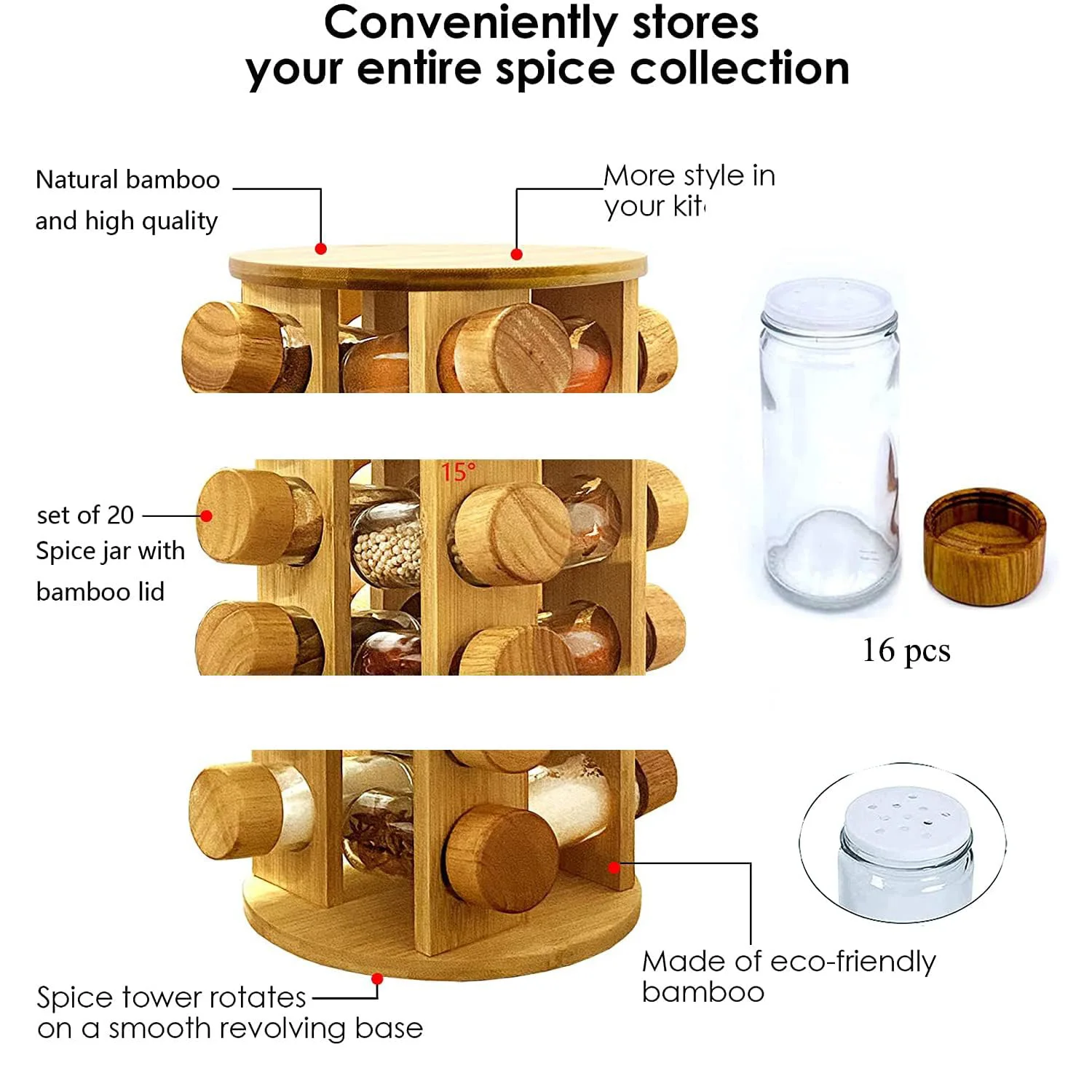Spice Jar Rack Revolving Rotating Countertop Glass Canister Spice Container Wooden Spice Organizer