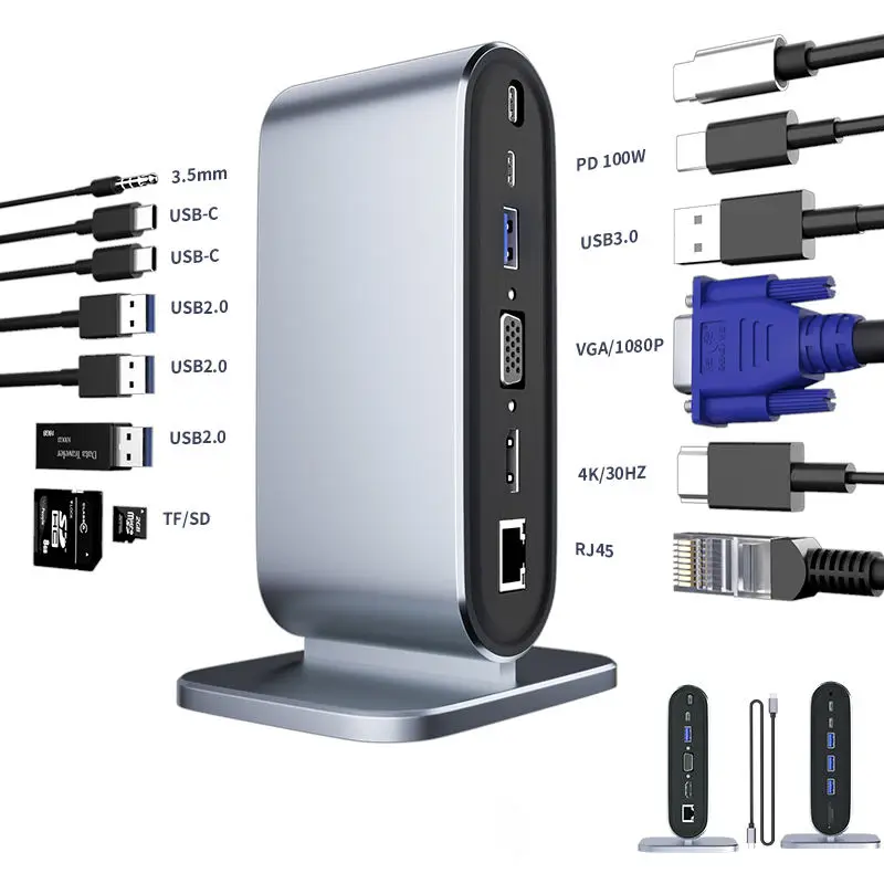 12 in 1 Multifunctional Smart Type C Docking Station HDTV+VGA+RJ45+SD+TF+Audio 3.5mm+USB3.0*1+USB2.0*3+USB C*4 Type C USB HUB