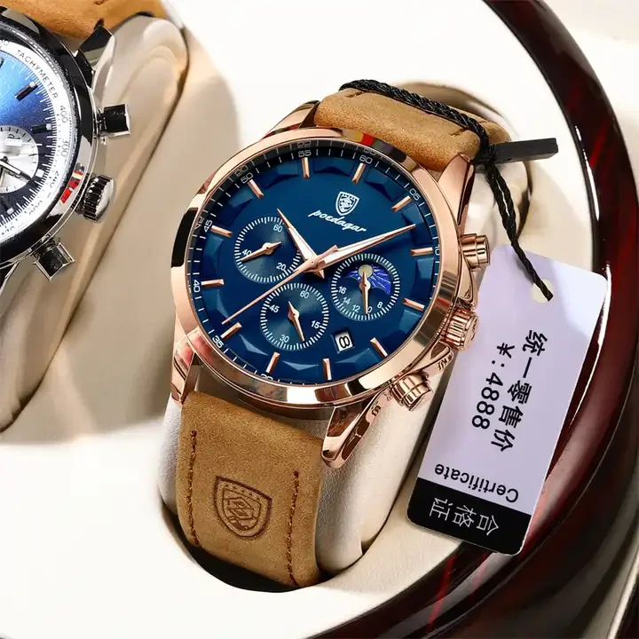 POEDAGAR P928 Men Leather Watches Fashion High Quality Waterproof Luminous Week Date Top Brand Business Luxury Quartz Man Watch