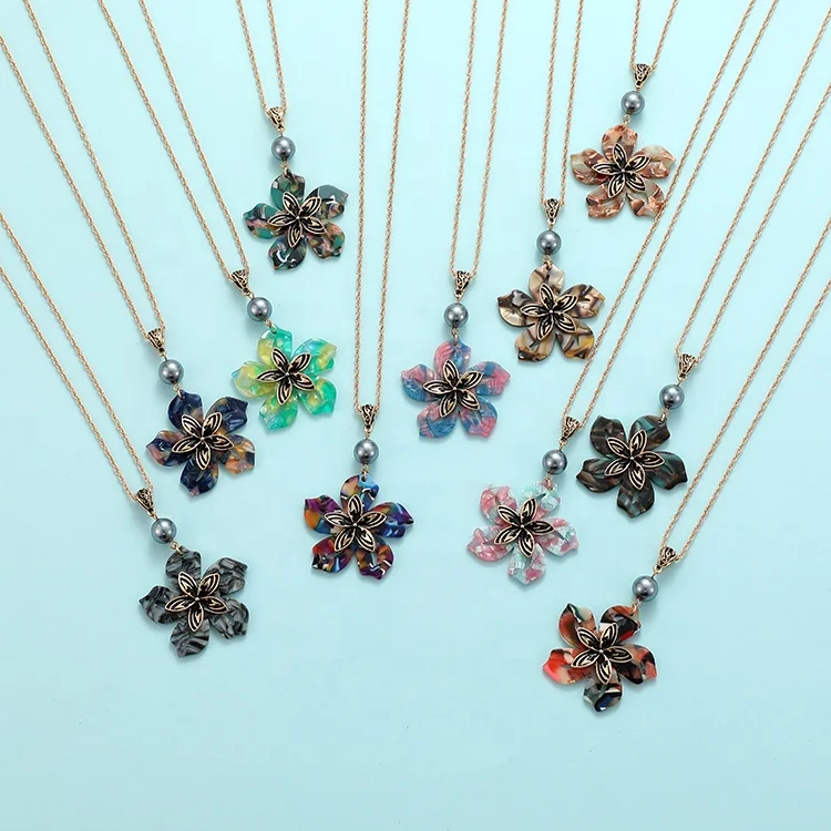 
Women Gold Plated Choker Custom Jewelry Flower Shape Hawaiian Acrylic Necklace Earrings 