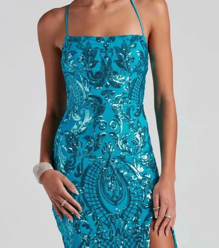 2024 New sexy one-line neckline sequined evening dress elegant split party dress