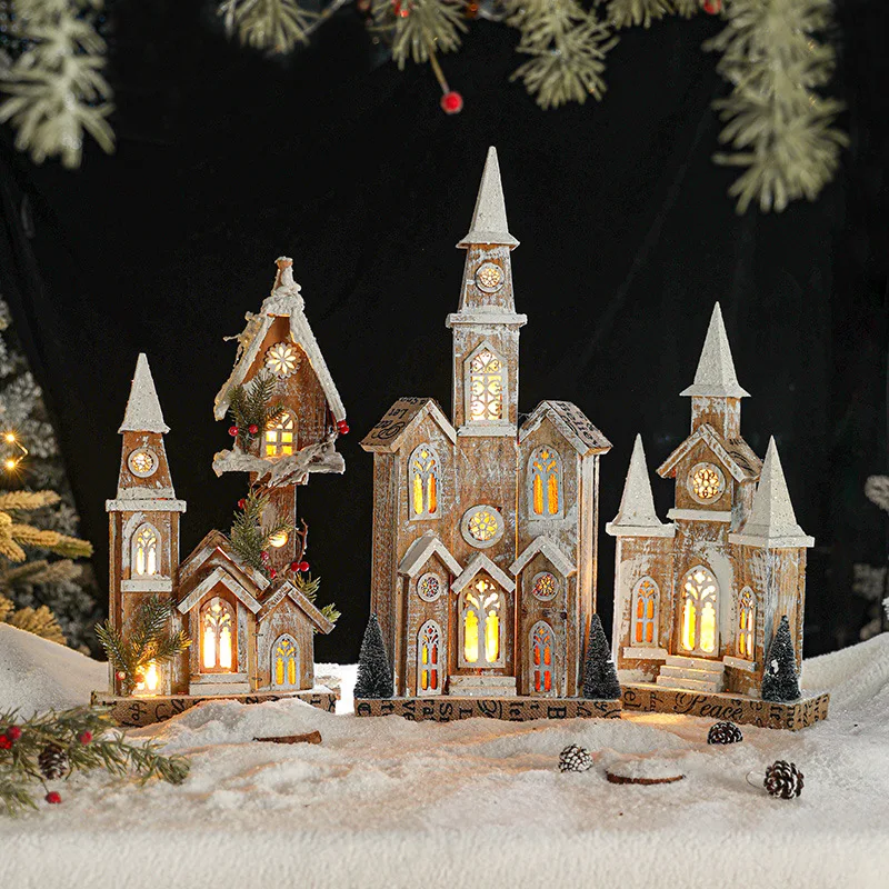 LED wooden lighted christmas houses xmas Ornament Happy New Year snow christmas wooden house