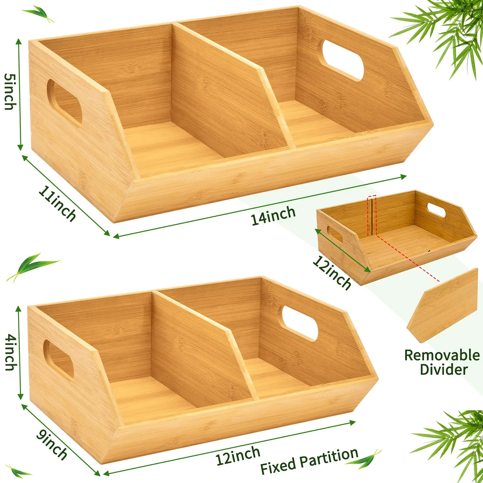 2 Set Stackable Pantry Organization, Storage Baskets Bamboo Storage Bin