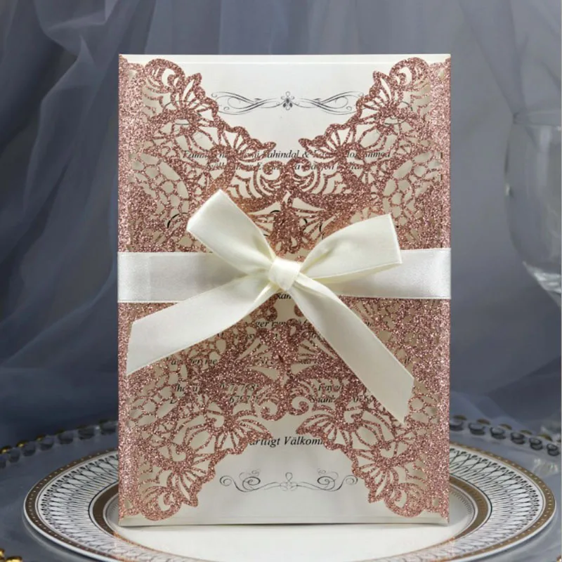 Wedding Supplies Hollow Flower design Wedding Invitation Card Greeting Card with Ribbon