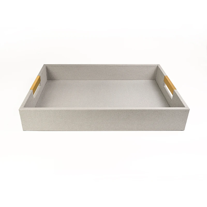 High-end Different PU color Leather Trays Hotel bathroom Leather Wood Rectangular Serving Tray with Short Metal Handle With SABER Certificate