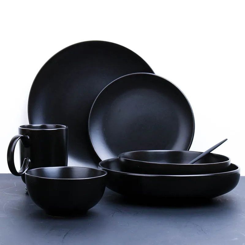 Ceramic Dinnerware Set Matt Black Porcelain Dinner Sets with Gold Rim Japanese Style