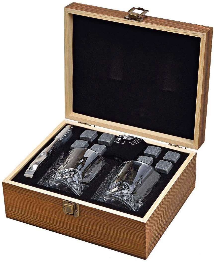 hotsale 7oz 200ml round shot glass cup embossed diamond whiskey glass gift set with stones and wooden box