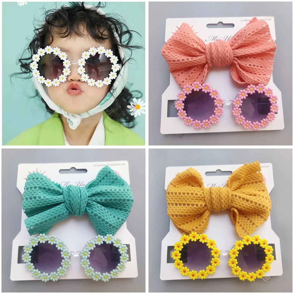 Wholesale New Kids Summer Sunglasses Flower Eyeglass With Headbands Set Kid Daisy Flower Eyeglasses Nylon Headbands Bows Gifts