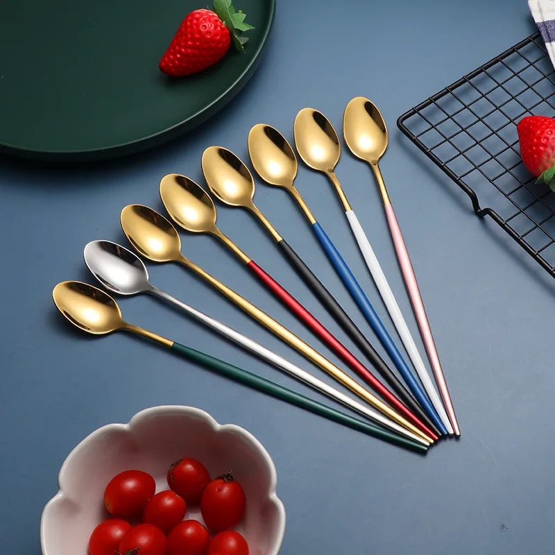 NEW Arrivals Stainless steel dessert spoon titanium gold long handle spoon for ice/mixing/drinking