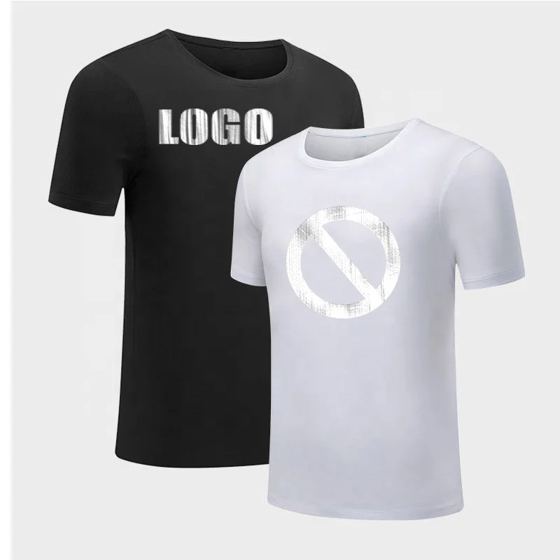Fashion street wear boys silver foil t shirt reflective logo printed gold t-shirt unisex cotton poly blend t shirt in bulk