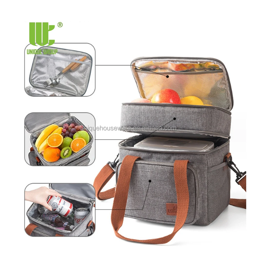 UNIQUE GROUP Lunch Bag Insulated Two Separate Compartments Lunch Box with Adjustable Shoulder Strap Lunch Cooler Bag for Work