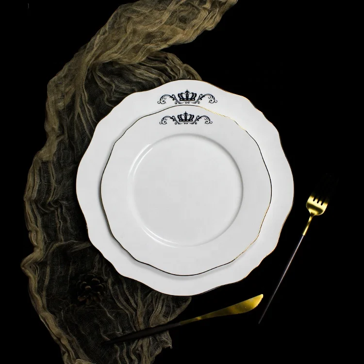 hot selling fine bone china dinner plate custom porcelain white dinner plate with gold rim