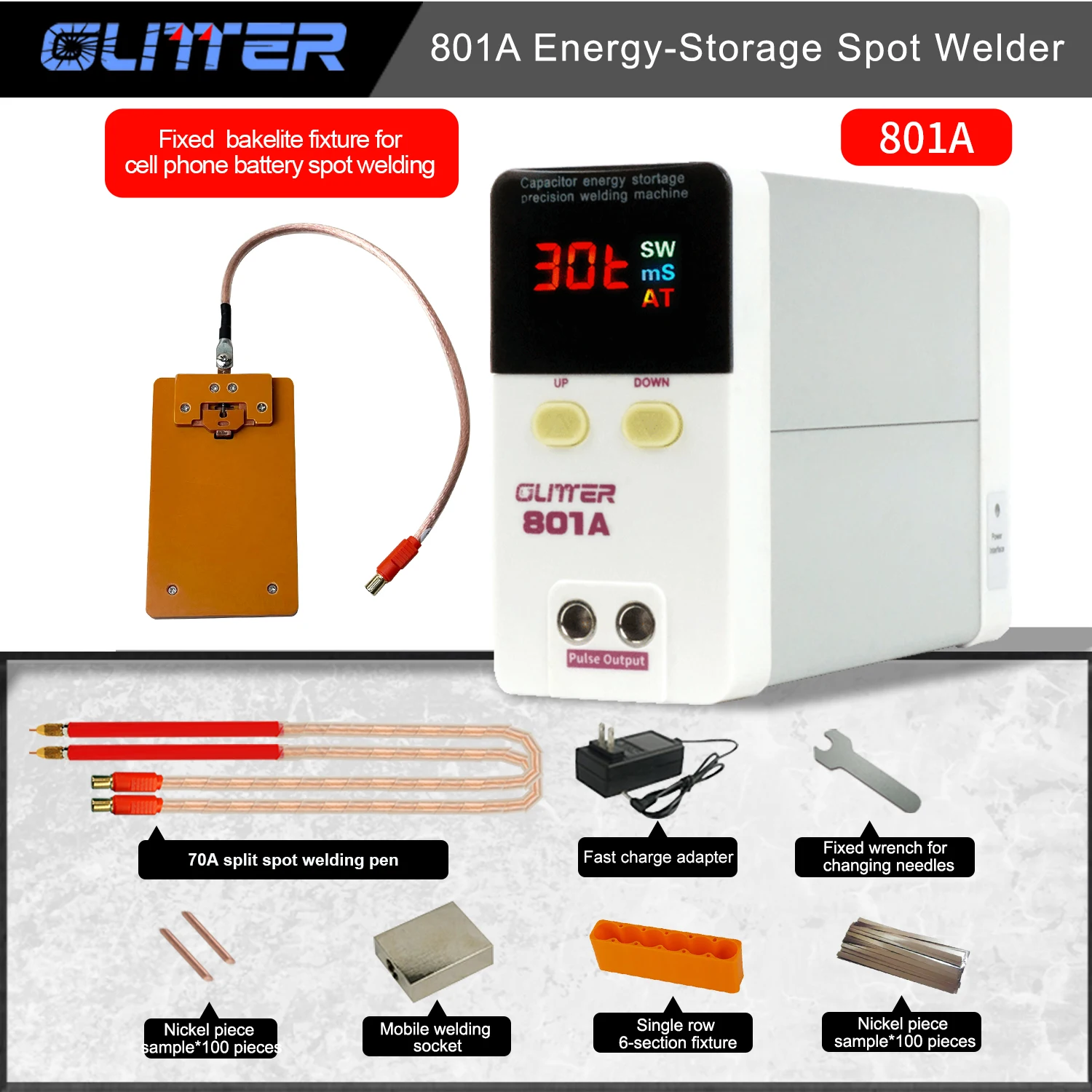 801A 18650 Battery Pulse Spot Welding Machine Hd Digital Display Portable Capacitor Spot Welder with Mobile Phone Weld Fixture