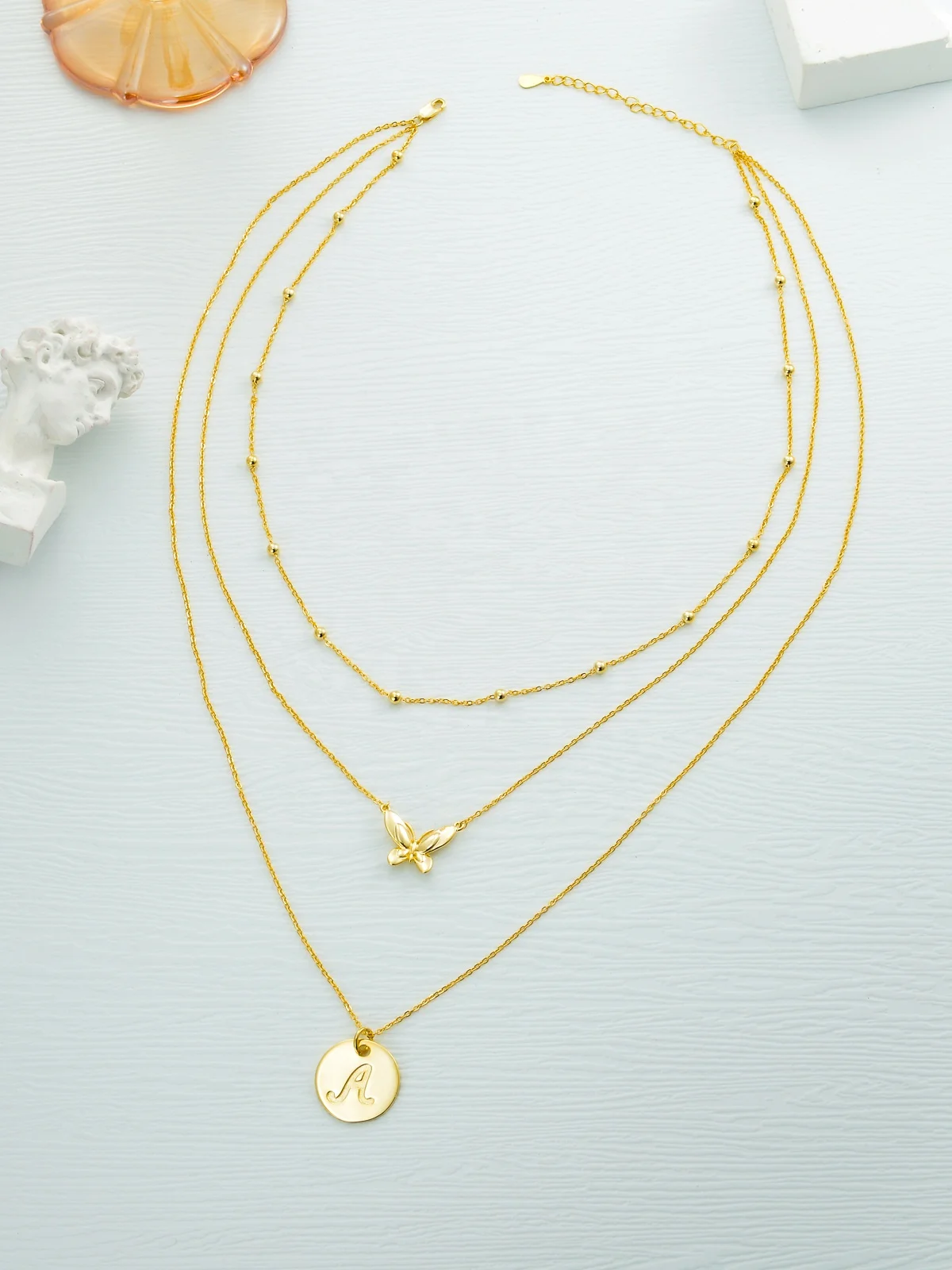 Round Alphabet Pendant 3 Lines Butterfly Necklace Initial 925 Silver 14k Gold Plated Letters A-Z Charm Necklaces Jewelry