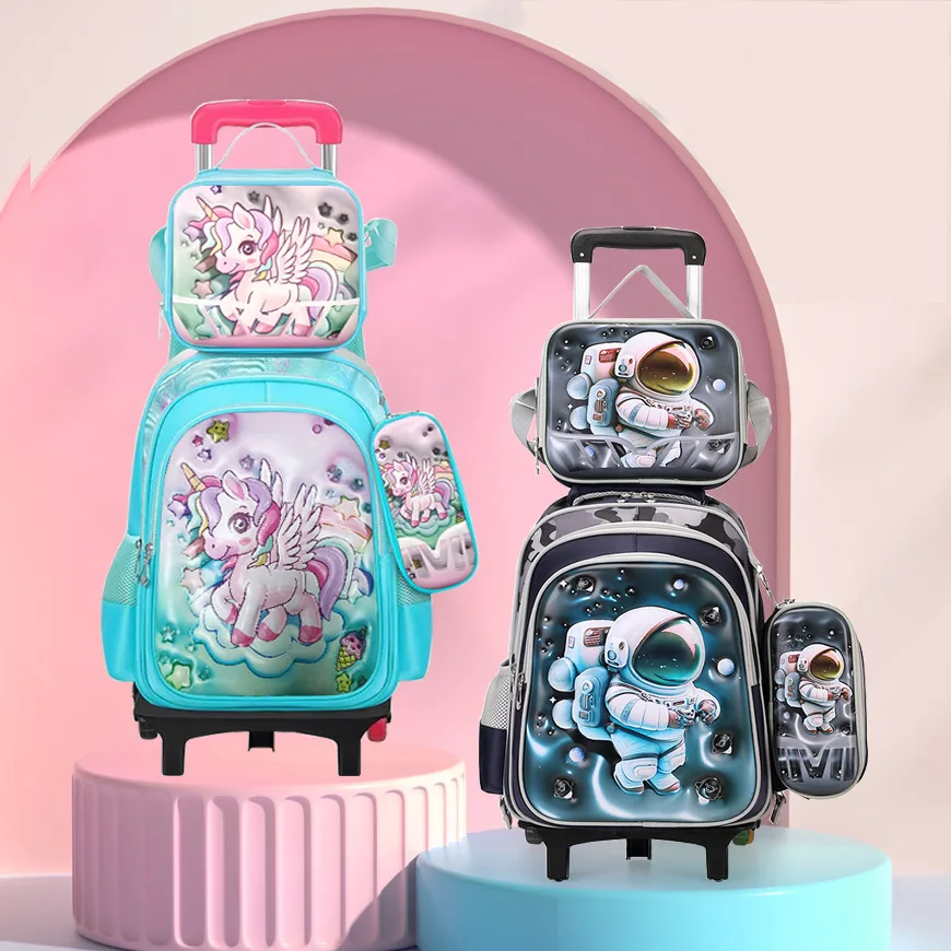 New 3d Leather Nylon Trolley Schoolbag Large Capacity Portable Factory Primary Student Travel Backpack Set School Bag With Wheel