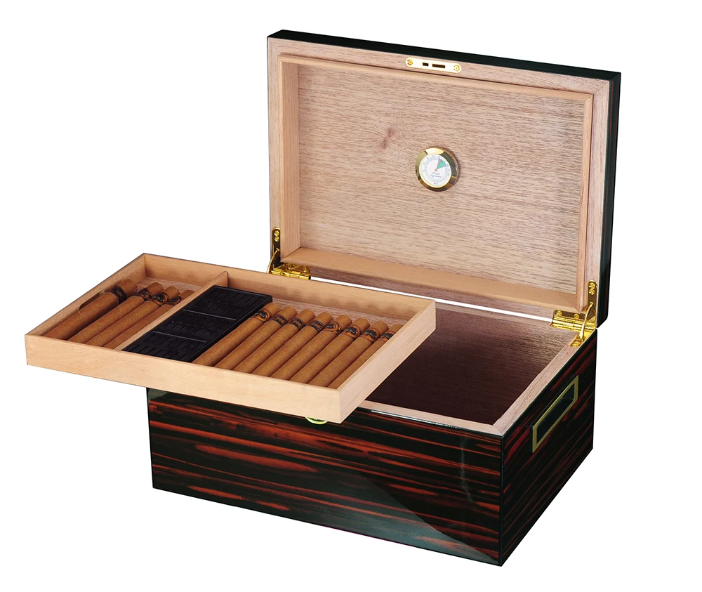 Large Capacity 100 CT High Gloss Wooden Desktop Cigar Humidor Display Box with Humidifier and Hygrometer for Man
