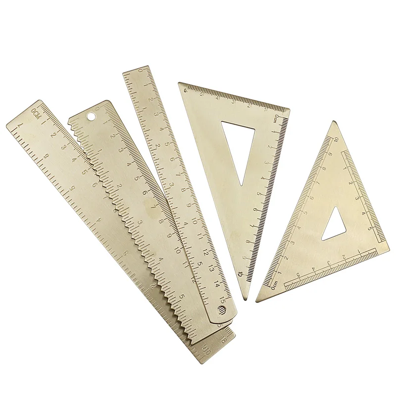Mini Solid Brass Caliper Copper Vernier Scale Vintage Ruler Retro Triangle Ruler Protractor Pocket Portable Measurement Tool Set
