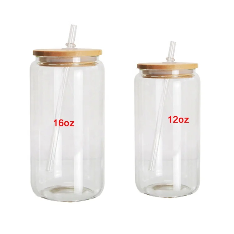 Bamboo Lid and clear Plastic Straw Glass Beer Can12oz 16oz Blank Sublimation Beer Glass Soda Can