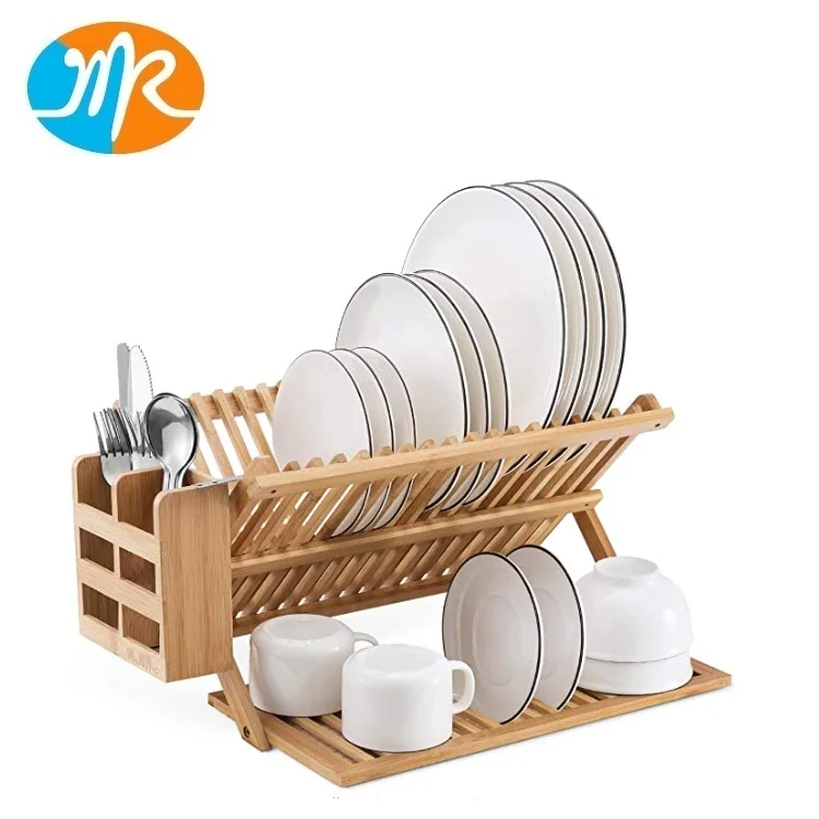 Utensils Flatware Holder Set Collapsible Drainer Cups and Utensils Holder Bamboo Dish Drying Rack