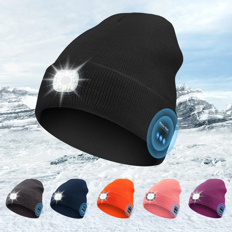 Night Running Cap Removable USB Light LED Phone Bluetooth Music Knitted Beanie Hat With Bluetooth Speaker
