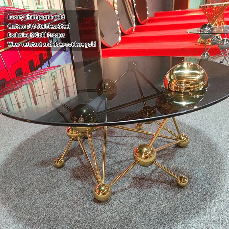 Custom luxury furniture stainless steel metal base black round designer art deco tempered glass gold coffee table modern
