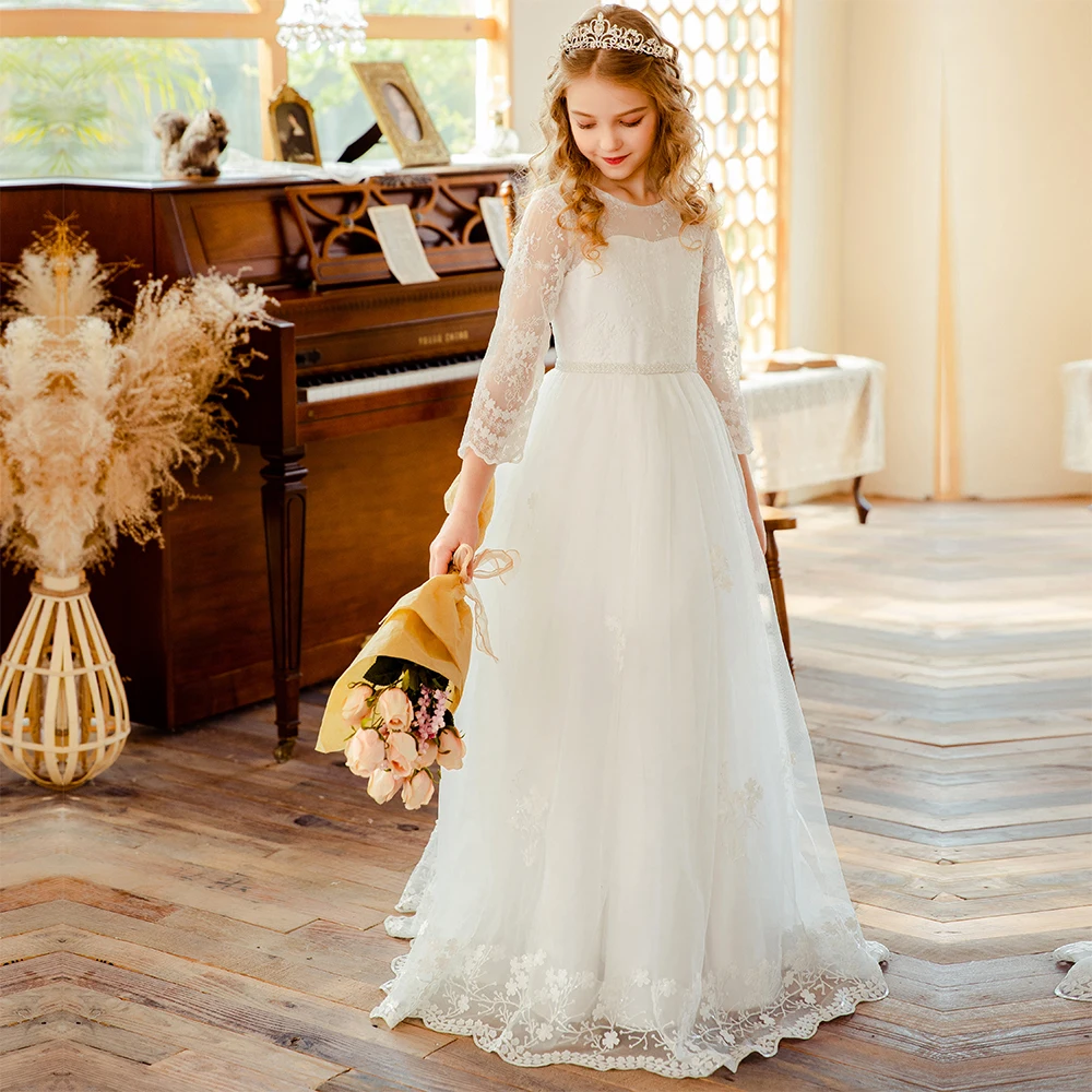 Новый шаблон белого цвета с длинными рукавами детское платье кружевной отделкой для свадебной вечеринки подружки невесты цветочным узором девочек; Для