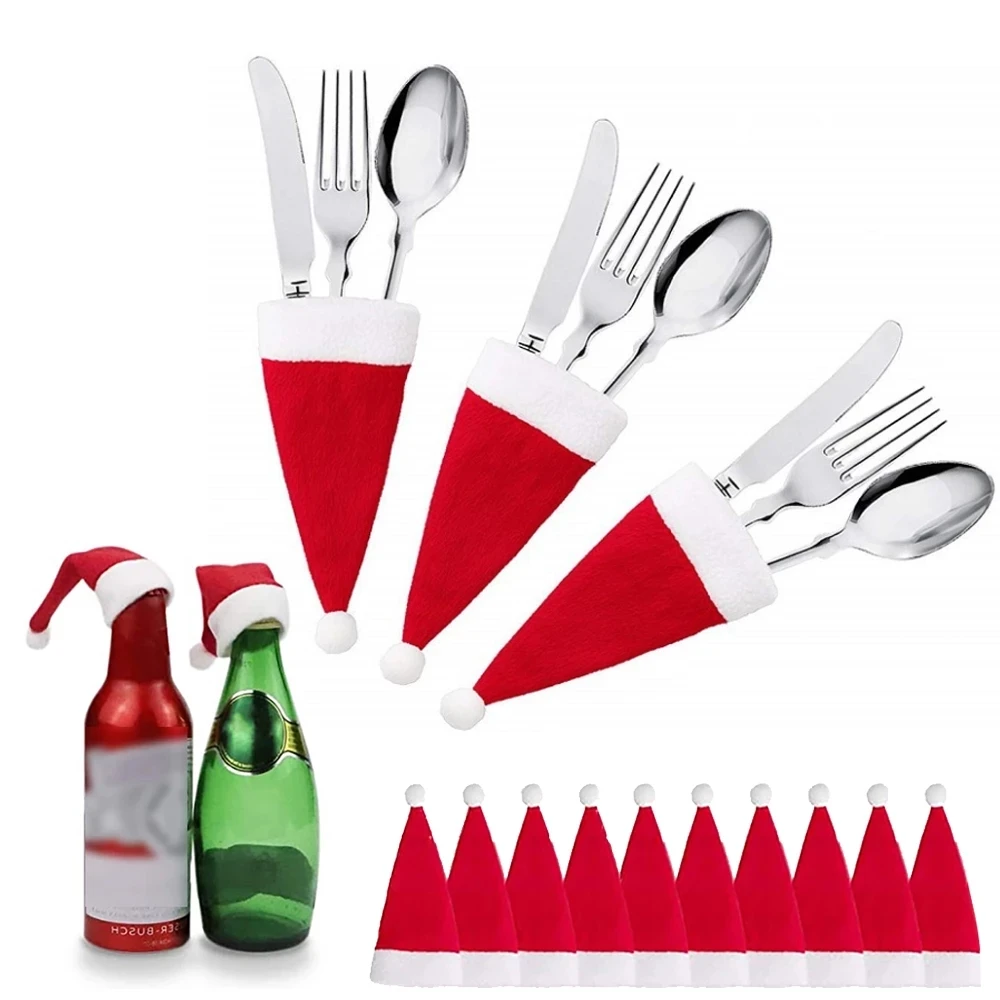 Wholesale Tableware Knife Fork Holder Bag Christmas Decorations Wine Glass Hats For Happy New Year Home Dinner Party Supplies