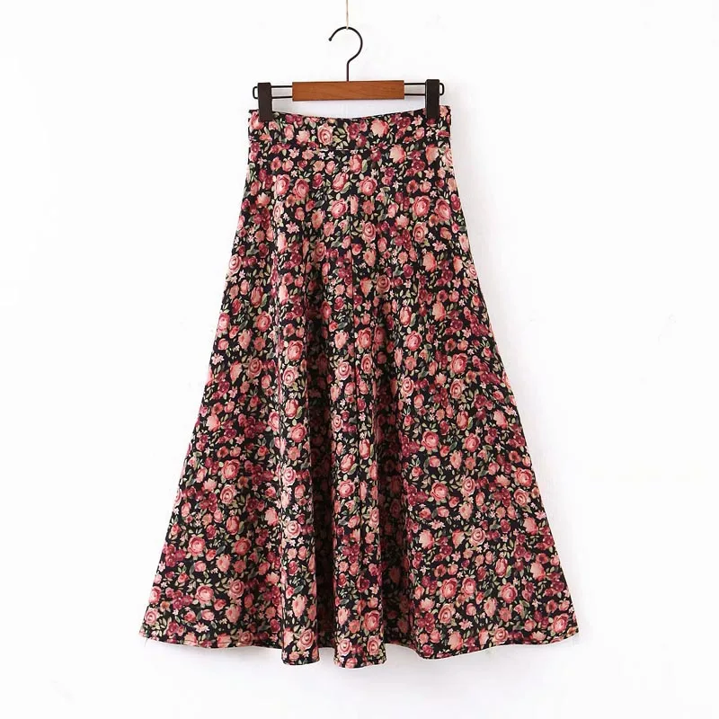 qz2490 women vintage holiday floral print a-line skirt ladies spring autumn long skirts saias women clothing