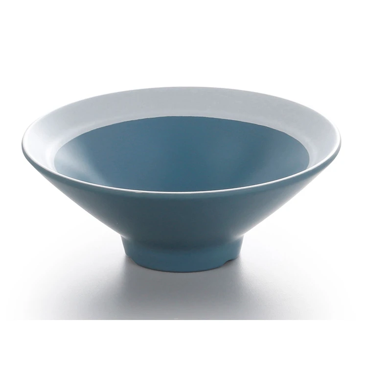 Factory wholesale 5.8 inch cone shape round melamine blue noodle bowl with white rim
