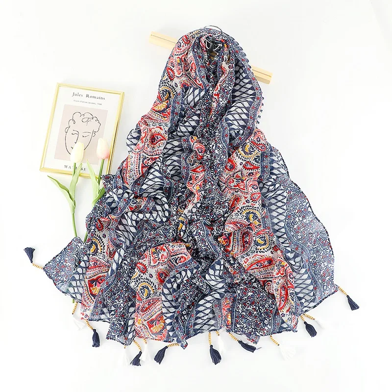Hot selling national style manual tassel air conditioning shawls fashion wooden bead hanging beard cashew nut thin scarf
