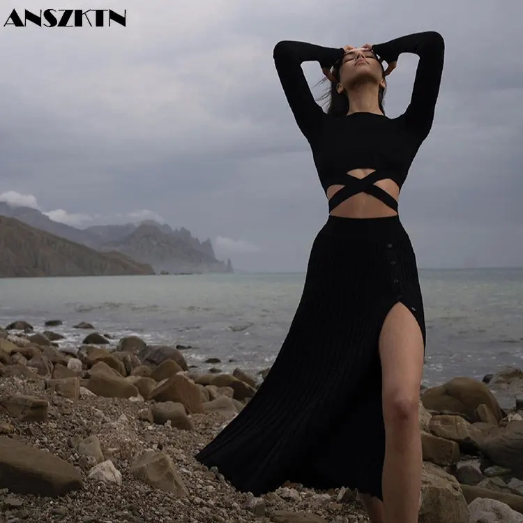 Custom Autumn Knitted Women Fashion Sexy Solid Color Suit Pullover Sweater Slit Pleated Skirt Two Piece Ladies Suit